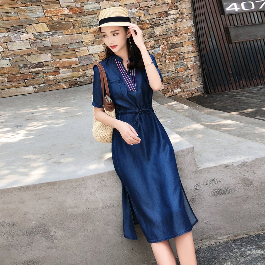 ĐẦM JEAN DENIM XÒE CỔ TRỤ PHỐI VIỀN